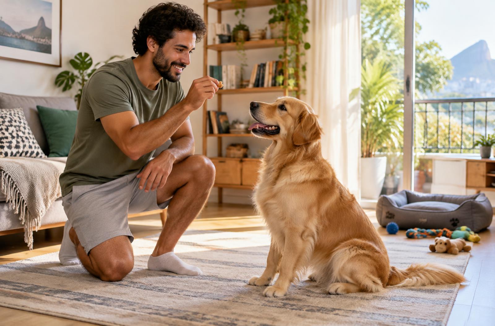 Tutor treinando seu cachorro com reforço positivo em casa